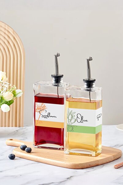 İronika Decorative Glass Oil Pot with 2 Labels, Vinegar Bowl, Sauce Bowl, Sunflower Olive Oil Storage Container 500ml