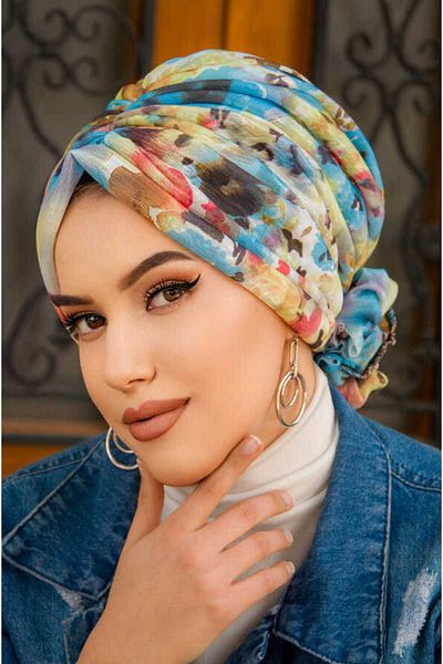 Aişe tesettür Blue Multicolored Flower Pattern Buckle Bonnet