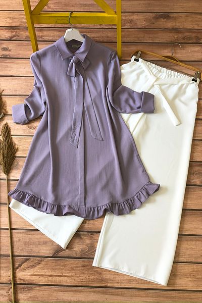 MODAQU Combination-ribbon Ruffle Detailed Tunic and Trousers - Lilac
