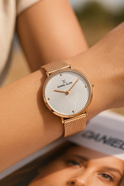 Daniel Klein Women's Stone Dial Rose Color Straw Cord Wrist Watch