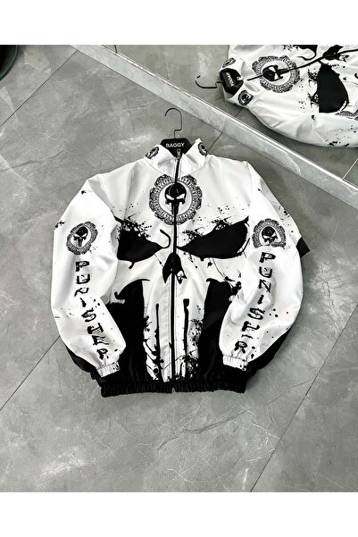 memetti m şekil Punisher Kuru Kafa Siyah Beyaz Motorcu Yağmurluk Rüzgarlık İnce Ceket