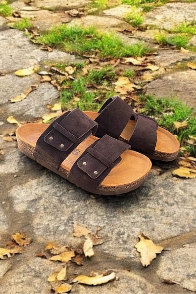 Land of Cork Unisex Anatomical Genuine Suede Leather Slippers - Natural Cork Sole