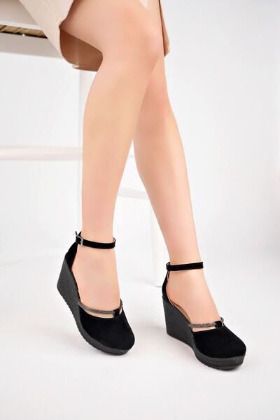 epaavm Wedge Heel Stoned Black Suede Karnıyarık Shoes