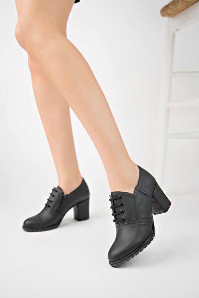 epaavm Zippered Laced Black Leather Women's Shoes