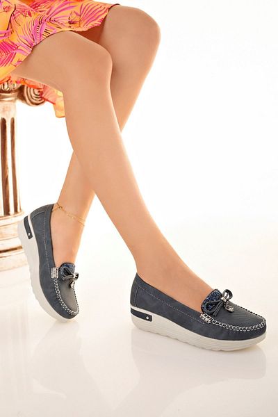 epaavm Wedge Heel Stoned Navy Blue Denim Shoes