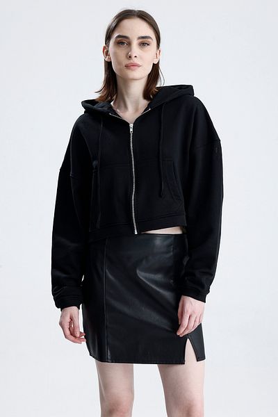 Sofist İstanbul Black Essentials Fit Women's Zip Hoodie 100% Cotton Hooded Off Shoulder Zip Kangaroo Pocket
