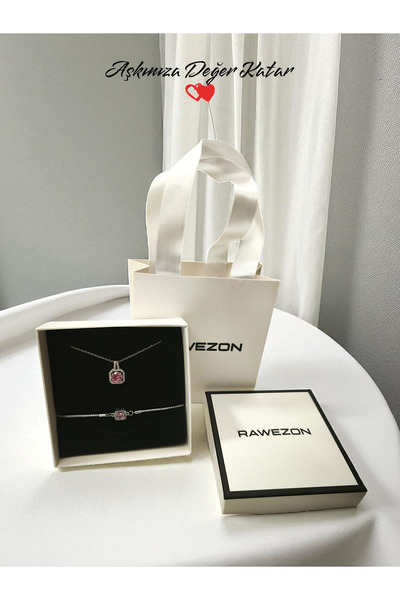 RAWEZON Çelik Pembe Taşlı Kolye Bileklik Seti | Kadın Takı Sevgiliye Eşe Arkadaşa Hediye Kutulu Set
