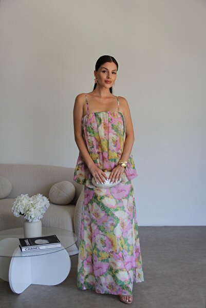 Julidress Pembe Desenli Katlı Tasarım Premium Şifon Elbise