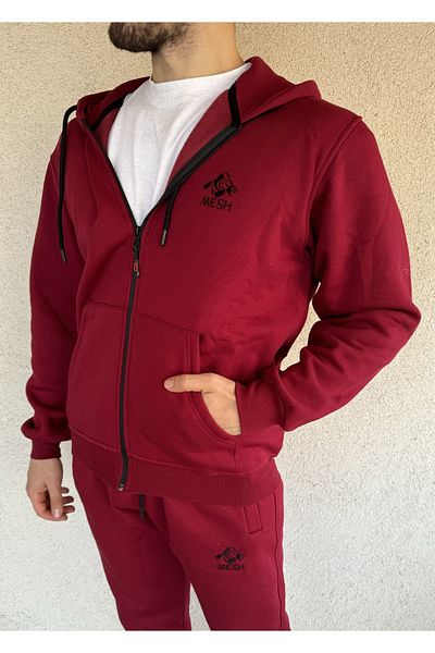 Mesh Men's Embroidered Zippered Tracksuit Set, Cotton Thick Fleece Winter Bottom-Top Sweatshirt
