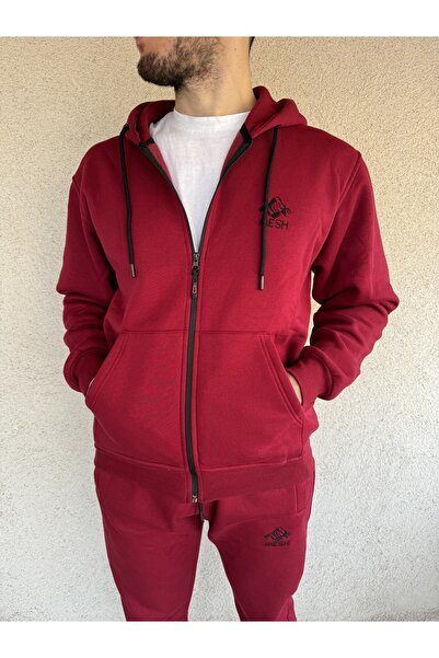 Mesh Men's Embroidered Zippered Tracksuit Set, Cotton Thick Fleece Winter Bottom-Top Sweatshirt