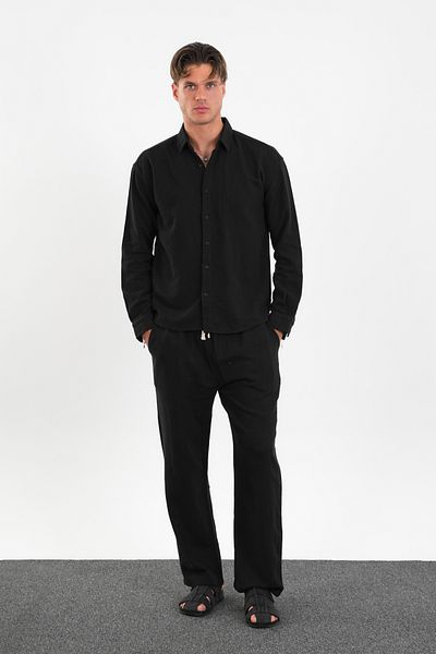 Redline Flare Winter Baggy Pants Oversize Shirt Bottom Top Suit 100% Cotton Black