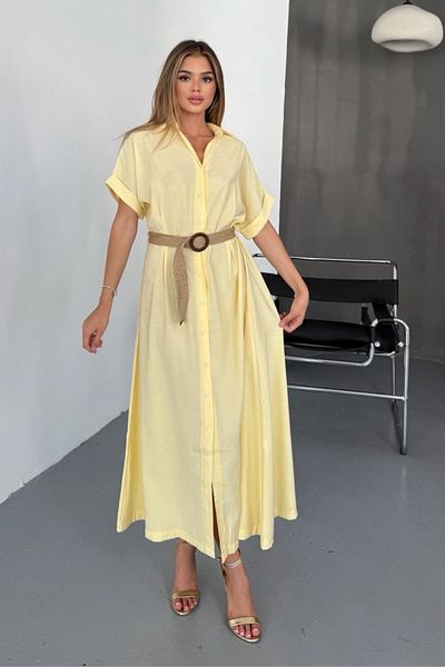 Feela Moda Rochie cămașă cu centură țesută modal pentru femei 2015