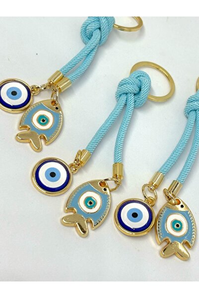 Azrua Breloc metalic cu ochi de piatră de pește turcoaz, breloc metalic cu mă...