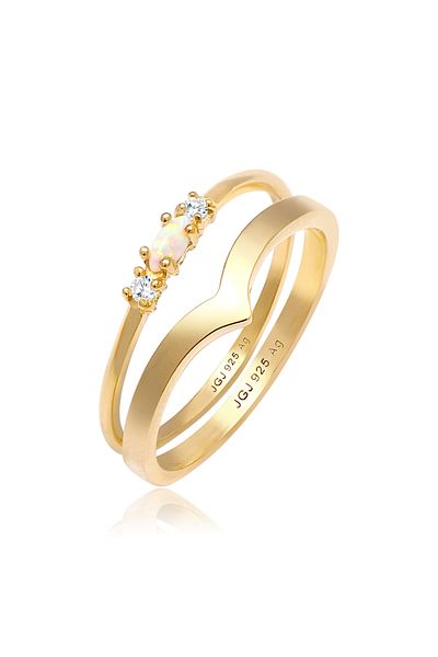 ELLI Ring Ladies Set Marquise V Shape Basic With Synthetic Opal And Zirconia Crystals In 925 Sterling Sil
