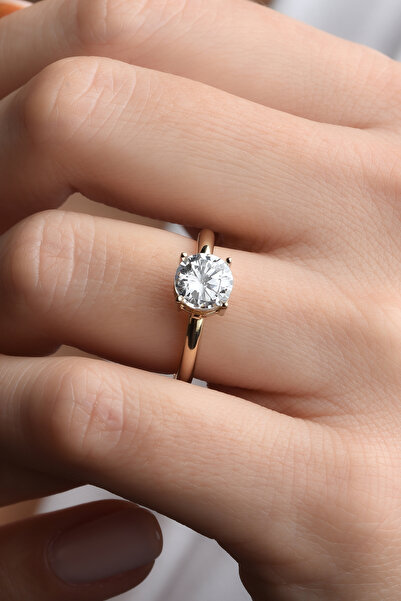 Nox Jewelry 14 Ayar Altın Kaplama Yuvarlak Kesim Tektaş Gümüş Yüzük - RS00101