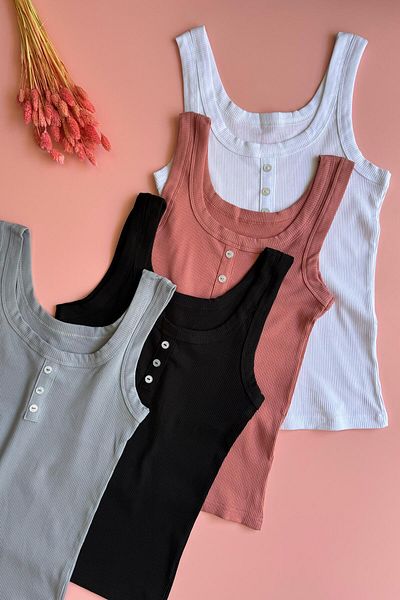 VicTroy Zerne |   4-Piece Black, White, Green and Blue Color Cotton Button Detailed Camisole Women's Undershirt 64E63