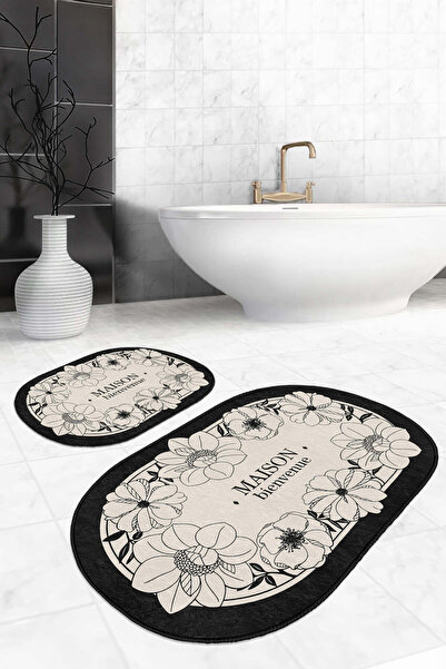 Realhomes Black Framed Elegant Floral Patterned Cream 2-Piece Non-Slip Base Washable Bath Mat Set
