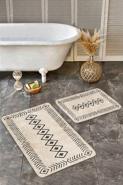 Realhomes Modern Non-Slip Base Washable 2-Piece Bathroom Mat Set with Black Geometric Stripes on Cream Floor