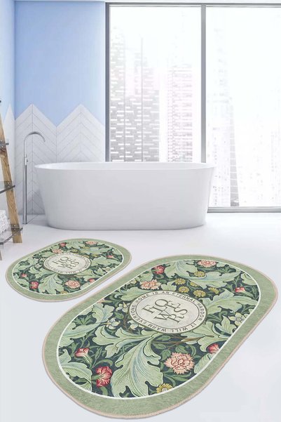 Realhomes Classic Floral Patterned Non-Slip Base Washable 2-Piece Bath Mat Set on Green Background