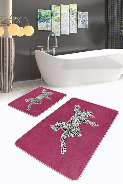 Realhomes Leopard Patterned Fuchsia Floor Modern 2-Piece Non-Slip Base Washable Bath Mat Set
