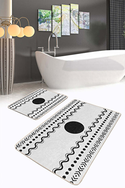 Realhomes Ethnic Black-White Modern Line Patterned 2-Piece Non-Slip Base Washable Bath Mat Set