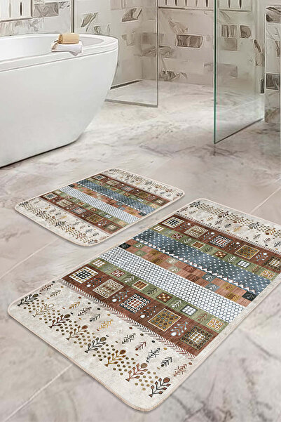 Realhomes Patchwork Geometric Motif Cream-Brown 2-Piece Non-Slip Base Washabl...