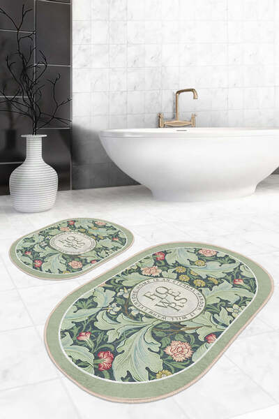 Realhomes Classic Floral Patterned Non-Slip Base Washable 2-Piece Bath Mat Set on Green Background