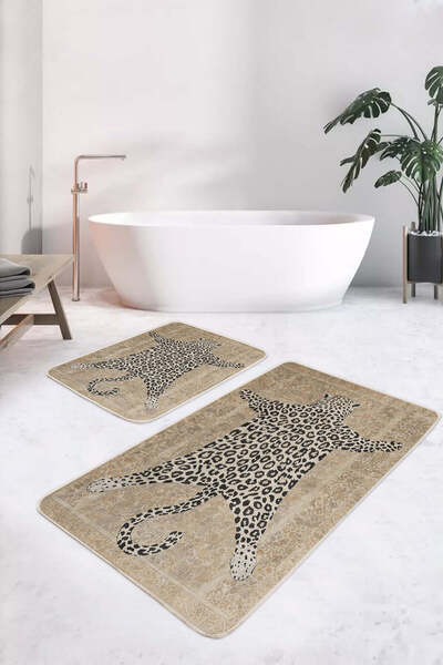 Realhomes Leopard Patterned Beige-Black Modern 2-Piece Non-Slip Base Washable Bath Mat Set