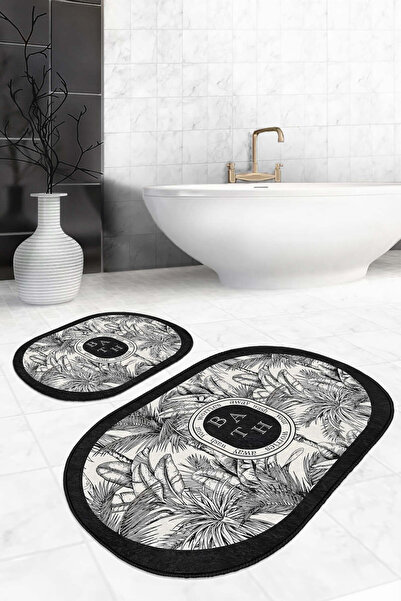 Realhomes Tropical Plant Patterned Black-White Non-Slip Base Washable 2-Piece...