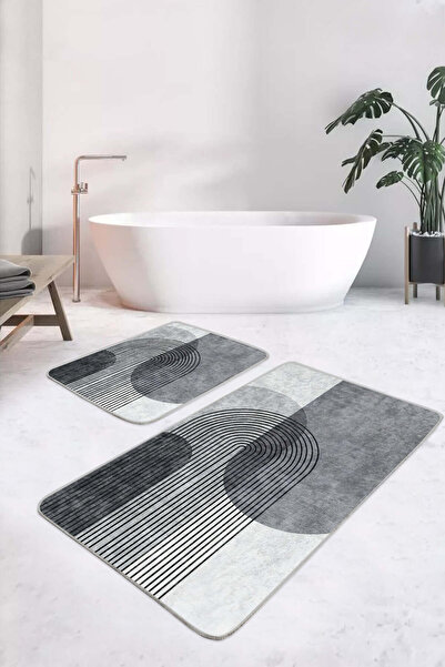 Realhomes Geometric Black Gray Line Patterned Non-Slip Base Washable 2-Piece ...