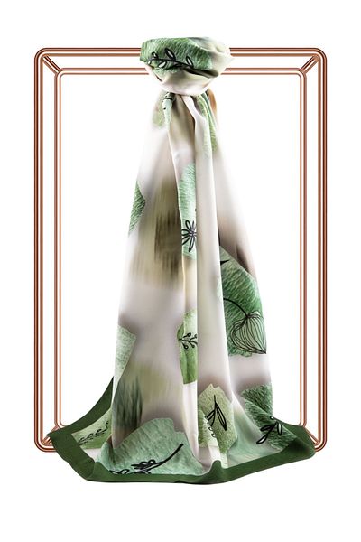 Vissona Luxury Medina Silk Brush με υφή γραμμής με μοτίβο λουλουδιών κρέμα - Σμαραγδένιο πράσινο χρώμα 75x195 Ανθεκτικό σάλι M