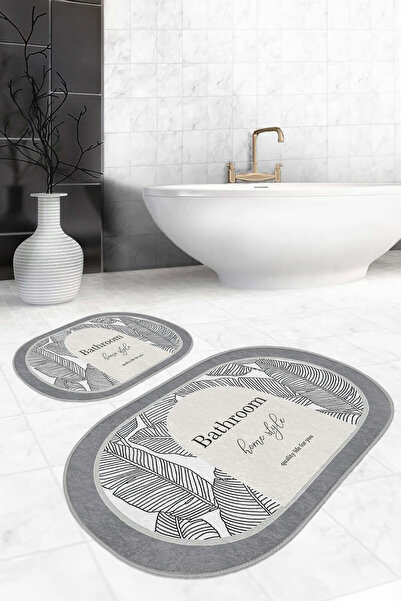 Realhomes مجموعة من 2 سجادة حمام قابلة للغسل بنمط أوراق الشجر باللون الرمادي والأبيض وقاعدة غير قابلة للانزلاق