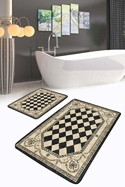 Realhomes Checkered Black Cream Classic Avangarde Patterned 2-Piece Non-Slip Base Washable Bath Mat Set