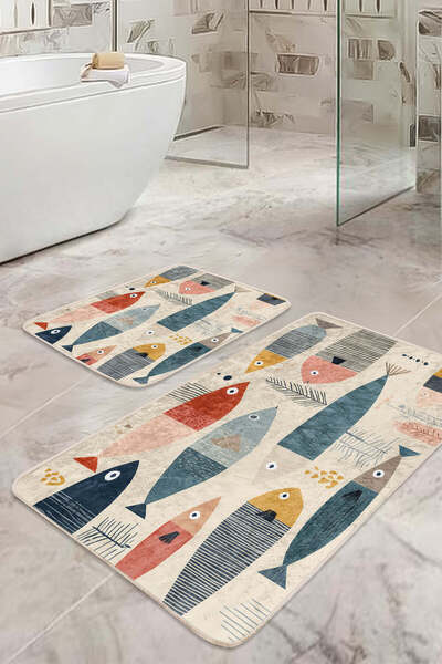 Realhomes Colorful Fish Patterned Cream 2-Piece Non-Slip Base Washable Bath Mat Set