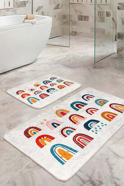 Realhomes مجموعة من 2 سجادة حمام قابلة للغسل وقاعدة غير قابلة للانزلاق بنمط قوس قزح ونمط هندسي ملون