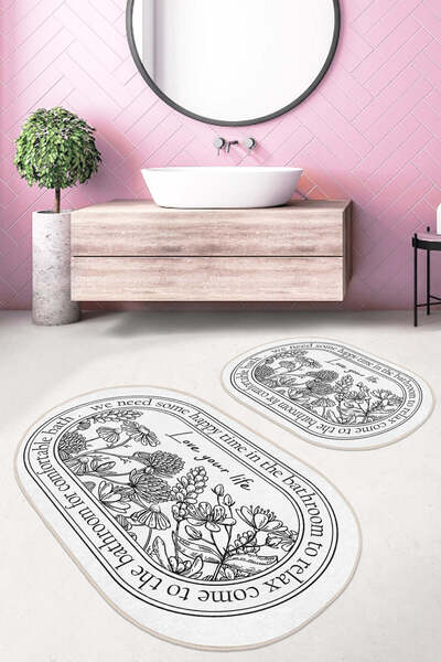 Realhomes Black and White Flower Motif Modern Oval Set of 2 Non-Slip Base Was...