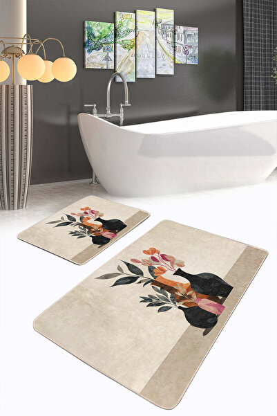 Realhomes Modern Artistic Patterned Beige 2-Piece Non-Slip Base Washable Bath Mat with Black Vase and Pink Flowers