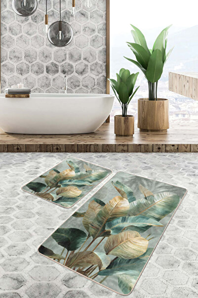 Realhomes Tropical Leaf Patterned Natural Design 2-Piece Non-Slip Base Washable Bath Mat Set