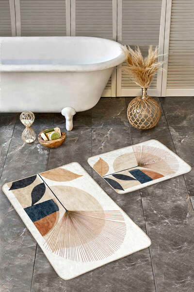 Realhomes مجموعة سجادة حمام حديثة قابلة للغسل ومضادة للانزلاق مكونة من قطعتين باللونين البيج والأسود