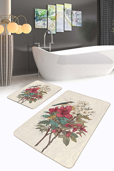 Realhomes Bird and Flower Patterned Cream-Emerald 2-Piece Non-Slip Base Washable Bath Mat Set