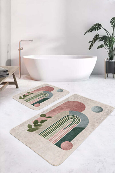 Realhomes Pink and Green Geometric Modern Patterned 2-Piece Non-Slip Base Washable Bath Mat Set