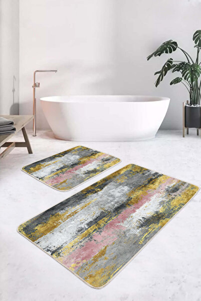 Realhomes مجموعة من 2 سجادة حمام قابلة للغسل وقاعدة غير قابلة للانزلاق باللونين الرمادي والأصفر