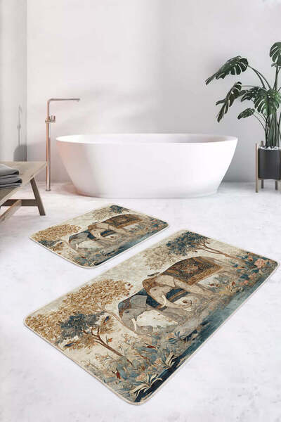 Realhomes مجموعة منشفة حمام قابلة للغسل وقاعدة غير قابلة للانزلاق بطابع الفيل الطبيعي والبيج والأزرق مكونة من قطعتين