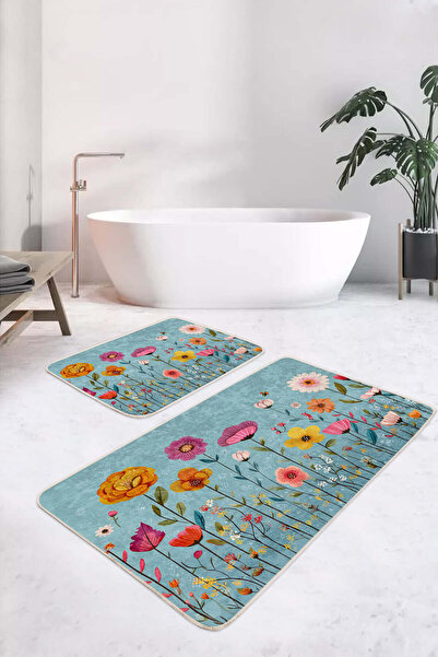 Realhomes Vibrant Colorful 2-Piece Non-Slip Base Washable Bath Mat Set on Floral Pastel Blue Background