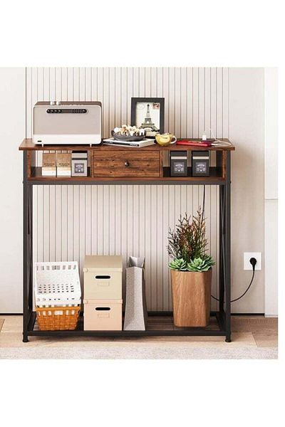 Luxury Home Console Table, Wooden and Iron, 1 Drawer and 2 Shelves, Dark Gray Wood with Dark Frame EI-301