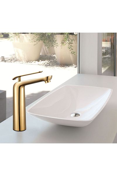PLOTO Long gold basin mixer with hoses and hoses