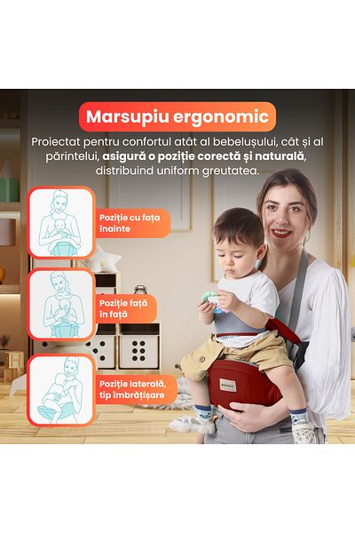 BRAGUS Marsupiu ergonomic pentru sustinerea bebelusilor, tip centura cu scaunel, greutate maxima 15kg, Rosu
