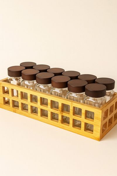 Mirilliahome Set of 12 Spice Rack with Bamboo Stand and Acacia Lid – with Tag