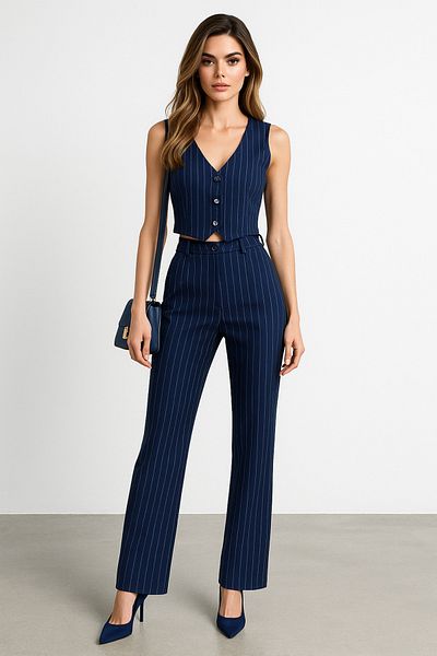 semela Navy Blue Palazzo Trousers Short Crop Vest Striped Double Suit