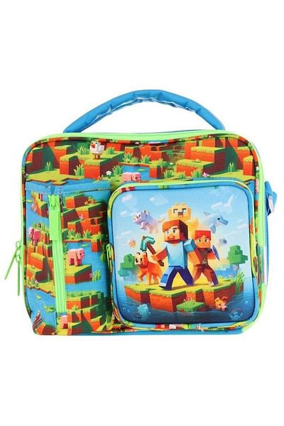 KAUKKO Men's Blue Green Craft Patterned Thermo Three Compartments (Water Bottle Pocket) School Lunchbox L7280